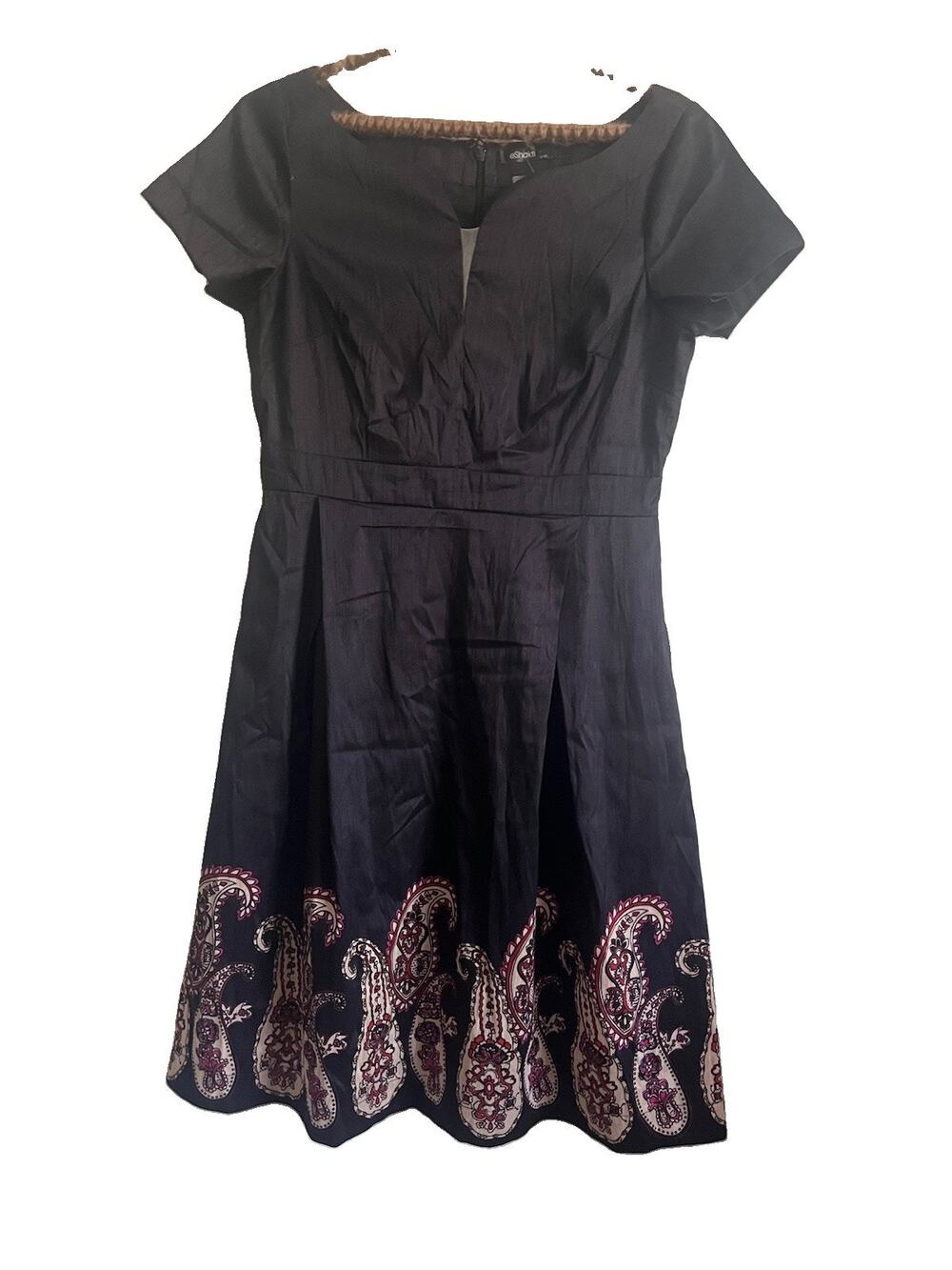 eShakti Dress Womens 12 L Black Paisley Border Fit Flare Short Sleeve Midi Boho